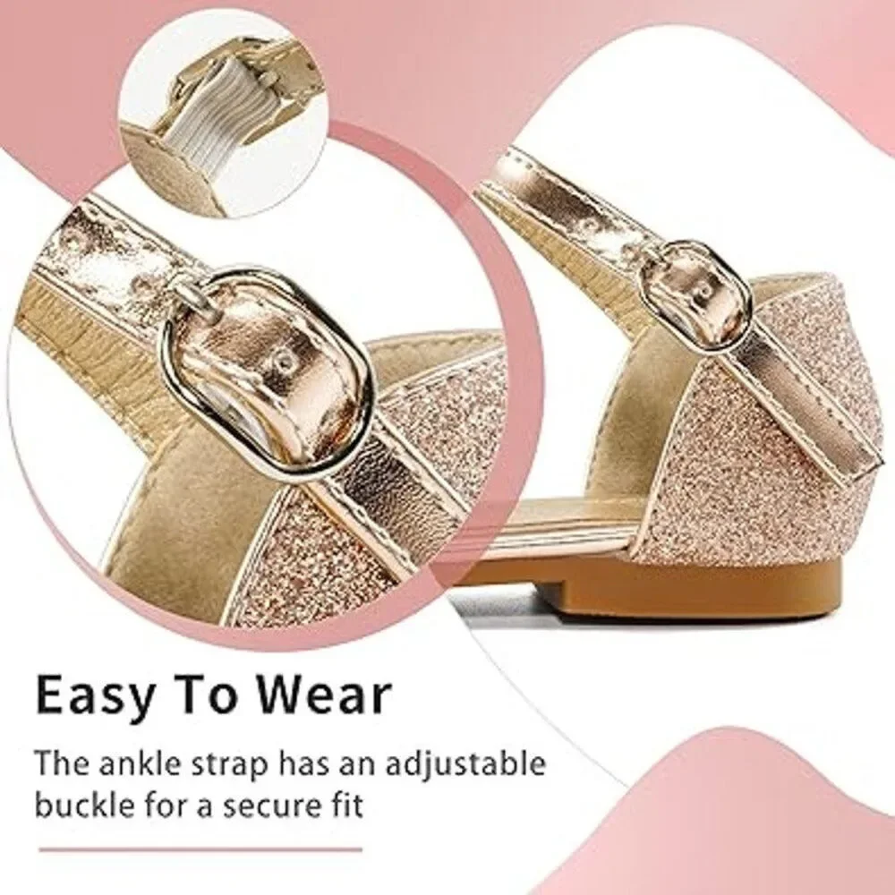 Aomigoct Girls Size 4 Rose Gold Silver Bow Glitter Princess Flat Sandal Shoes
